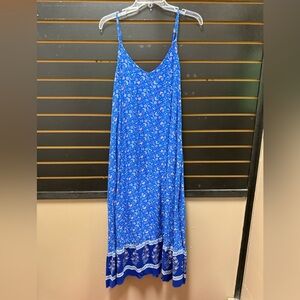 Angashion Blue Floral Boho Maxi Dress L — Sleeveless Spaghetti Strap Viscose